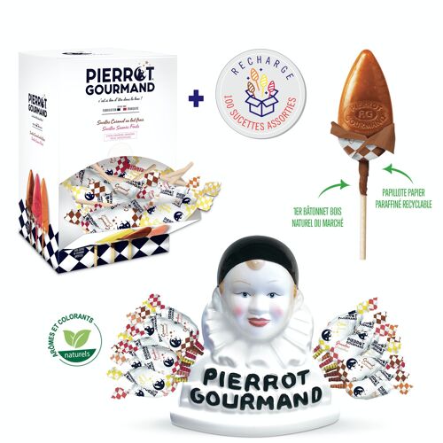 Colis 200 sucettes fer de lance fruits et caramel + buste Pierrot Gourmand