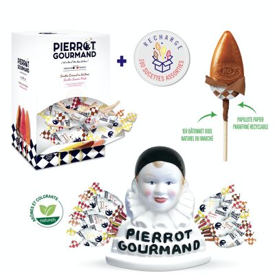 Paquete de 200 piruletas de punta de lanza de fruta y caramelo + busto de Pierrot Gourmand