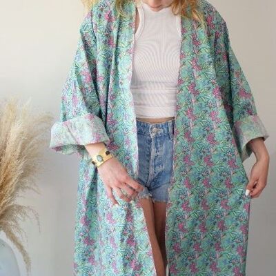 Kimono floreale - verde e rosa