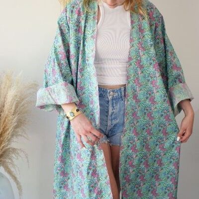 Kimono fleuri - vert et rose