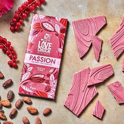 Bio-vegane rosa Schokolade aus Passionsrose und Johannisbeeren – 70 g Bio