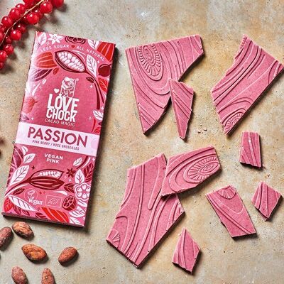 Valentinstagsgeschenk Schokolade Vegan Lovechock PASSION Rose Johannisbeeren 70 g Bio