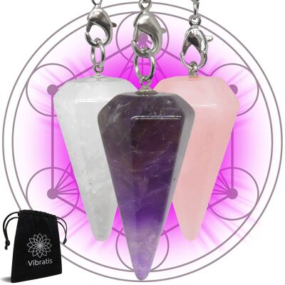 Divinatory Dowsing Pendulum - Pack x3 AMETHYST, ROCK CRYSTAL and ROSE QUARTZ
