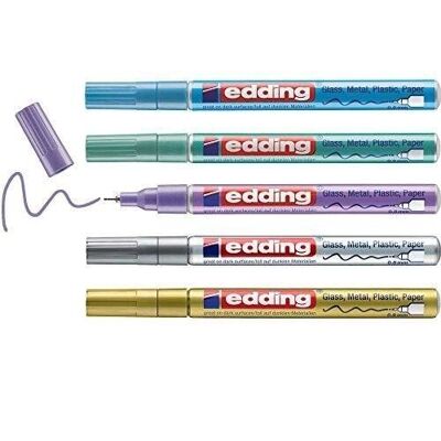 Edding 780 Gloss ink paint marker - Case of 5 metallic colors - Gold, silver, blue, green, purple - extra fine tip 0.8 mm - For writing, decorating on glass, metal, plastic and coated paper - very covering