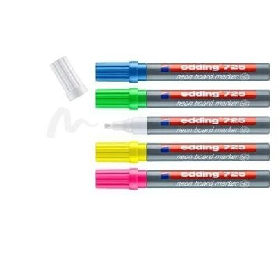 Edding 725 Fluorescent markers 5 colors - White, fluorescent blue, fluorescent green, fluorescent yellow, fluorescent pink - Chisel tip 2-5 mm - Whiteboards, blackboards, glass, windows - For brilliant markings in dark rooms, on surfaces dark.