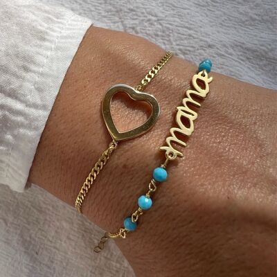 Heart Charm Bracelet, mama Charm Bracelet Set with Turquoise Rosario Beads and Gold Accents - Handmade in Greece from Sterling Silver 925.