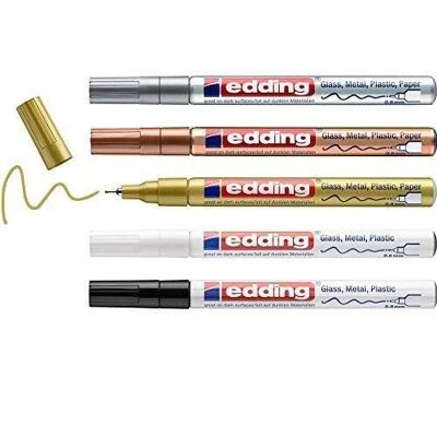 Edding 780 Gloss ink paint marker - Box of 5 colors - Black, white, gold, silver, copper, (metallic) - extra fine tip 0.8 mm - For writing and decorating on glass, metal, plastic and coated paper - very covering