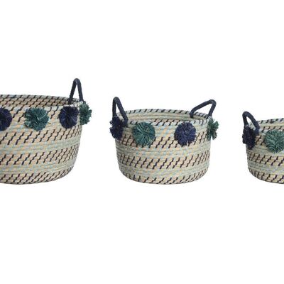 BASKET SET 3 SEAGRASS PP 46X44X34 POMPOMS DC204063