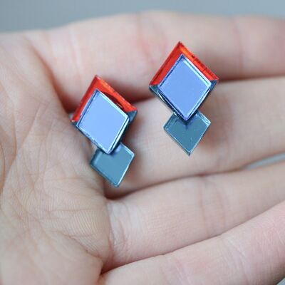 Classic Geometric Stud Earrings - Orange Red/ Bright Blue/ Teal