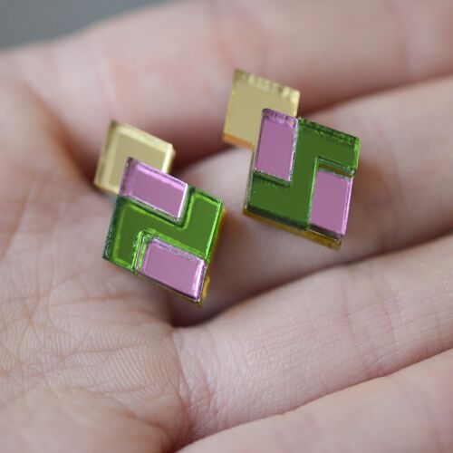 Classic Geometric Stud Earrings - Gold/ Pink/ Green