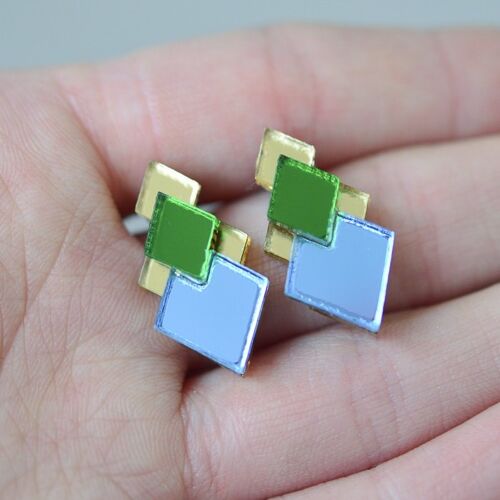 Classic Geometric Stud Earrings - Gold/ Green/ Blue