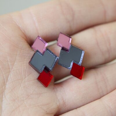 Orecchini a bottone geometrici classici - rosa/grigio/rosso