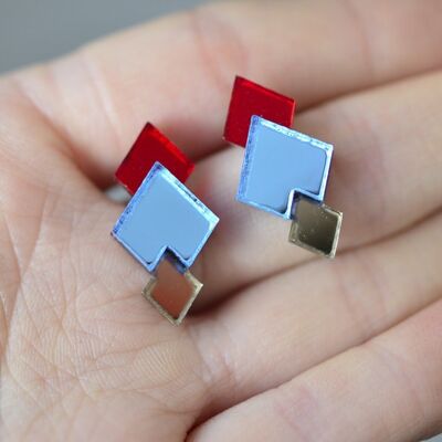 Classic Geometric Stud Earrings - Red/ Blue/ Bronze