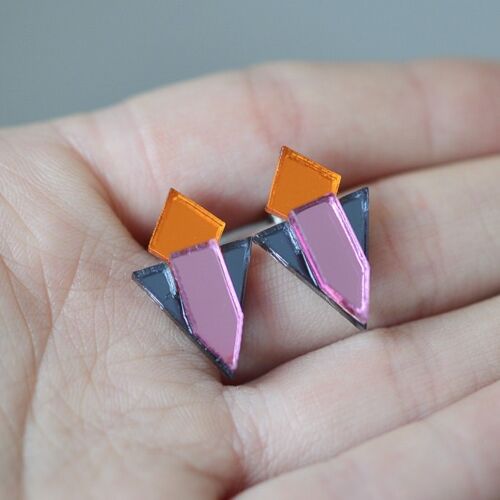 Classic Geometric Stud Earrings - Orange/ Grey/ Pink