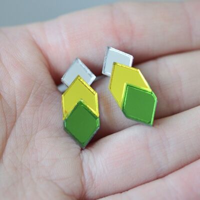 Classic Geometric Stud Earrings - Silver/ Yellow/ Green