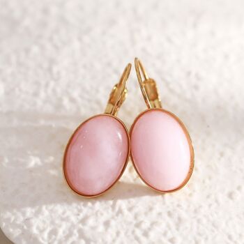 Boucles d'oreilles pierre rose ovale pendantes 1