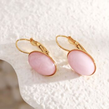 Boucles d'oreilles pierre rose ovale pendantes 2