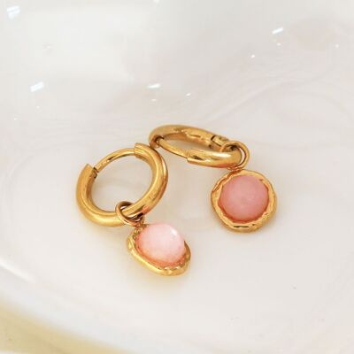 Creole earrings with pink round stone