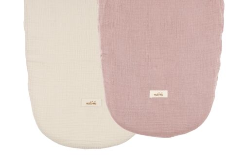 MUSLIN CARRY COT/MOSES BASKET SHEET DUSTY PINK/NATURAL 2 PACK