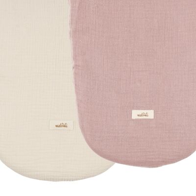 MUSLIN CARRY COT/MOSES BASKET SHEET DUSTY PINK/NATURAL 2 PACK
