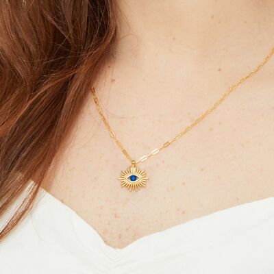 Blue CZ Evil Eye 24kt Gold Plated Art Déco Occhio su una delicata catena a graffetta