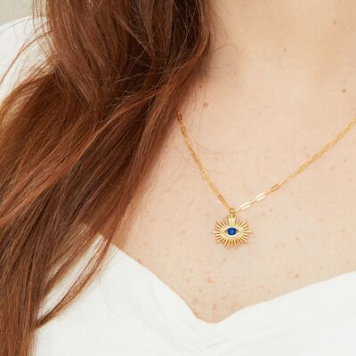 Blue CZ Evil Eye 24kt Gold Plated Art Deco Eye On A Delicate Paper Clip Chain