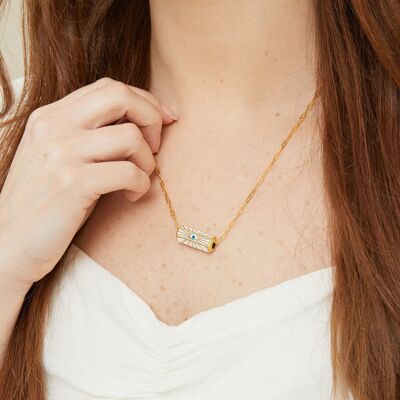 White Enamel Hexagonal Prism Evil Eye With Sun Rays Charm On A 24kt Delicate Paper Clip Chain
