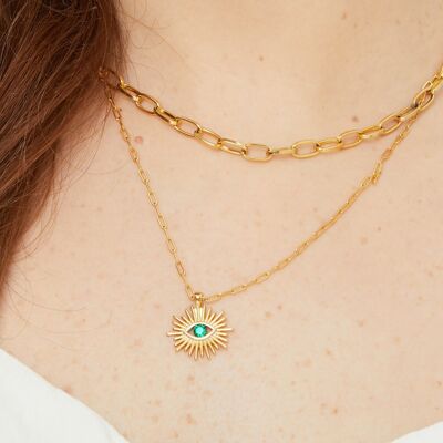 Layered Evil Eye 24kt Gold Plated Green CZ On A Delicate Paper Clip And Chunky Chain