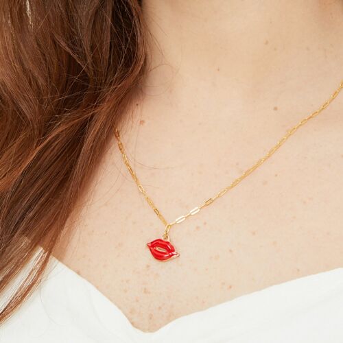 Lolita Enamel Red Lips Charm On A 24kt Delicate Paper Clip Chain