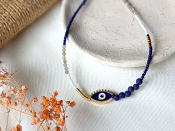 Collier diffuseur d'huiles essentielles bleu avec collier de perles mauvais œil en émail 4