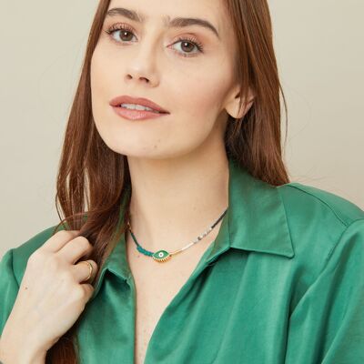 Collar difusor de aceite esencial verde con cuentas de esmalte mal de ojo