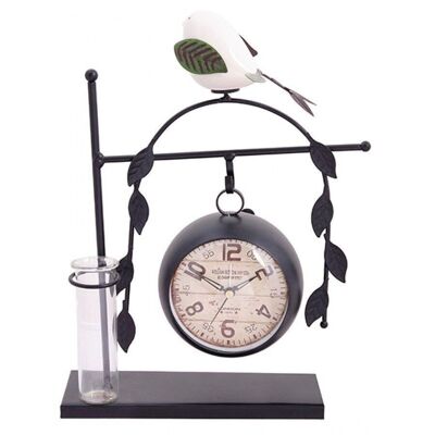 Reloj de sobremesa de metal con pájaro y lugar para flor 20x30x5cm