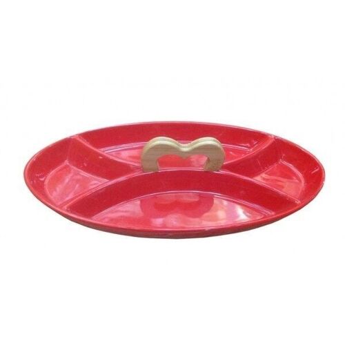 4-place platter for dip in red colour and bamboo handle.  Best seller Dimension: 37x18cm