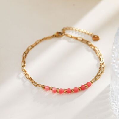 Double chain anklet with pink stone