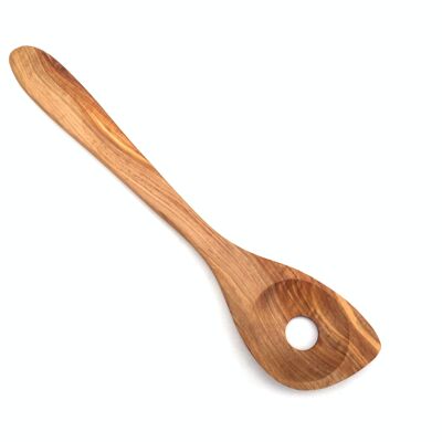 Cooking spoon with pointed perforation, wide olive wood handle