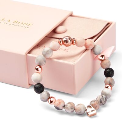 Zebra-Jaspis-Kristall- und Lavafelsen-Liebes-Charme-Roségold-Armband-Geschenke