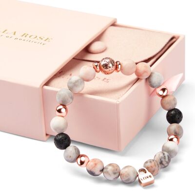 Zebra Jasper Crystal & Lava Rock Love Charm Or Rose Bracelet Cadeaux