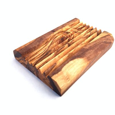 Soap dish with grooves rectangular made of olive wood