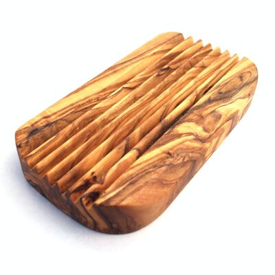 Soap dish with grooves rectangular rounded olive wood