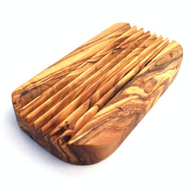 Soap dish with grooves rectangular rounded olive wood