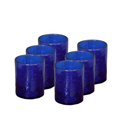 Set of 6 Dark Blue Craquelé blown glass glasses