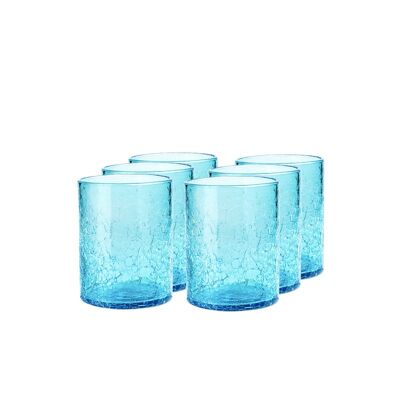 Serie von 6 Gläsern aus geblasenem Glas in Türkis mit Craquelé