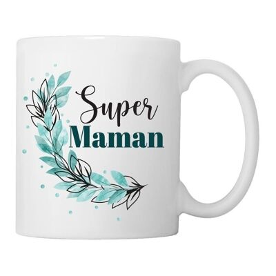 Tasse "Super Mom" Blaue Blätter