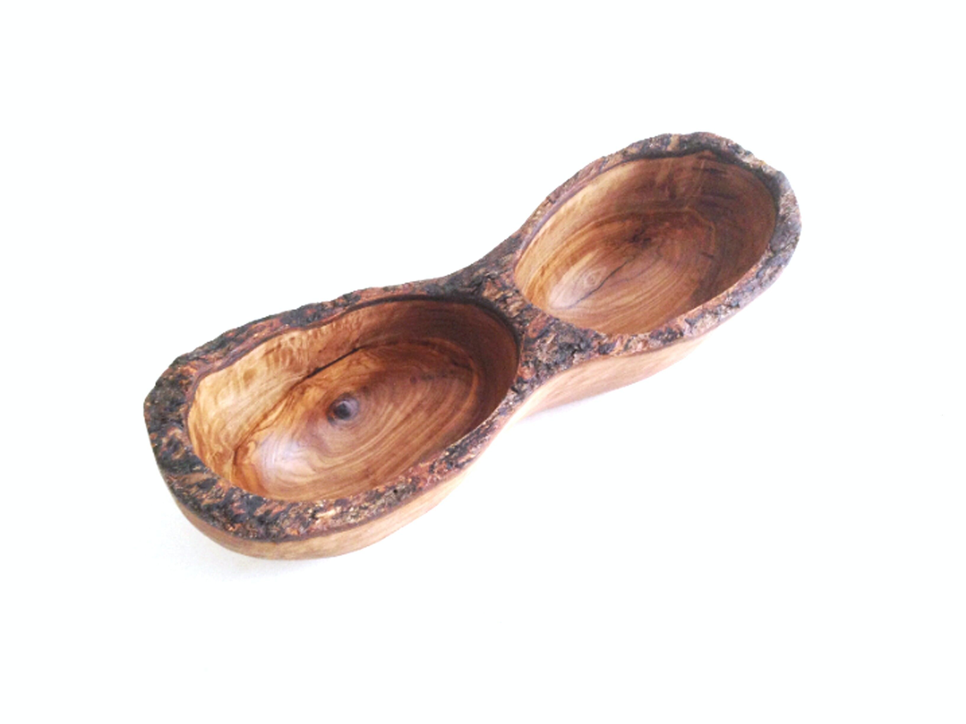 Cuenco alargado 2 compartimentos rústico madera de olivo Hecho a mano