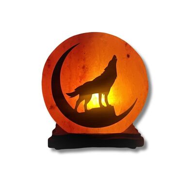 Crafted Himalayan Salt Lamp with Wolf Wood Carving SMALL