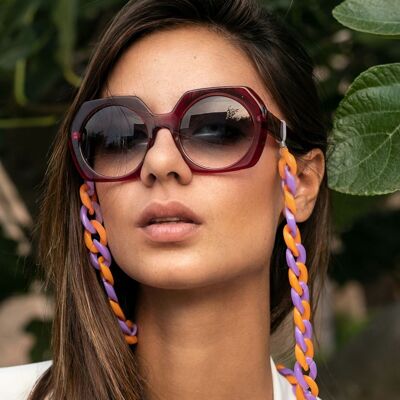 Cadena de gafas - Cadena acrílica gruesa lila y naranja. Perfecto para llevar con gafas de sol y como portagafas.