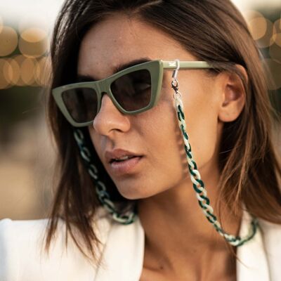Cadena para anteojos - Cadena acrílica gruesa verde jade y verde azulado - perfecta para usar con anteojos de sol y como soporte para anteojos