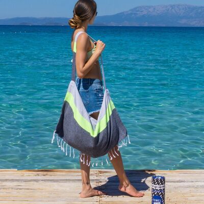 Toalla de playa y bolso NEON "Dos en Uno" | Gris - Negro | Algodón Reciclado, con Caja de Regalo Reciclada