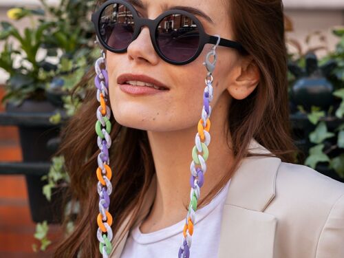 Glasses chain - Matte Green, Orange, Violet & White Marble shell chunky acrylic chain - perfect for wearing with sunglasses and as glasses holder
