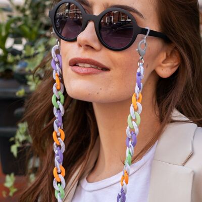 Glasses chain - Matte Green, Orange, Violet & White Marble shell chunky acrylic chain - perfect for wearing with sunglasses and as glasses holder
